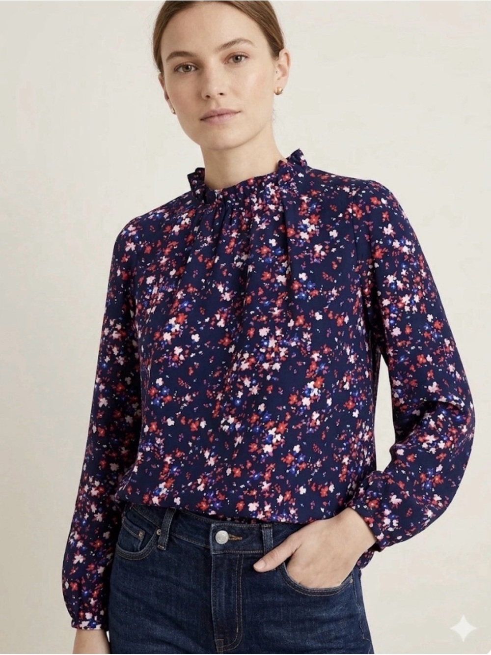 J.Crew Women's Navy Blue Pink Floral Long Sleeve Blouse Ruffle Size Large NEW